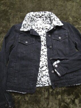 AMP Black Denim Trucker Jacket Faux Fur Sherpa Lined Leopard Womens XS